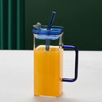 Blue Glass Straw Cup Set, Borosilicate Coffee Cup with Lid, Square Glass Cup for Home and Office - Davere Goods