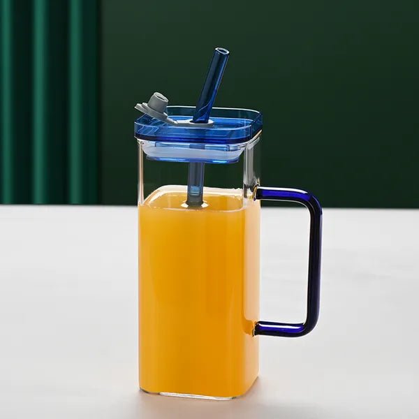 Blue Glass Straw Cup Set, Borosilicate Coffee Cup with Lid, Square Glass Cup for Home and Office - Davere Goods