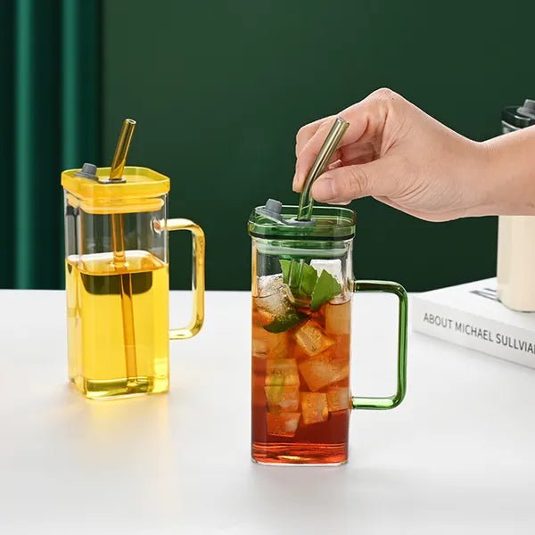 Blue Glass Straw Cup Set, Borosilicate Coffee Cup with Lid, Square Glass Cup for Home and Office - Davere Goods