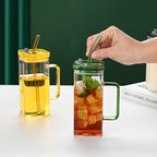 Blue Glass Straw Cup Set, Borosilicate Coffee Cup with Lid, Square Glass Cup for Home and Office - Davere Goods