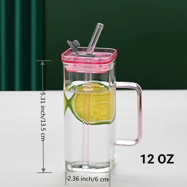 Blue Glass Straw Cup Set, Borosilicate Coffee Cup with Lid, Square Glass Cup for Home and Office - Davere Goods
