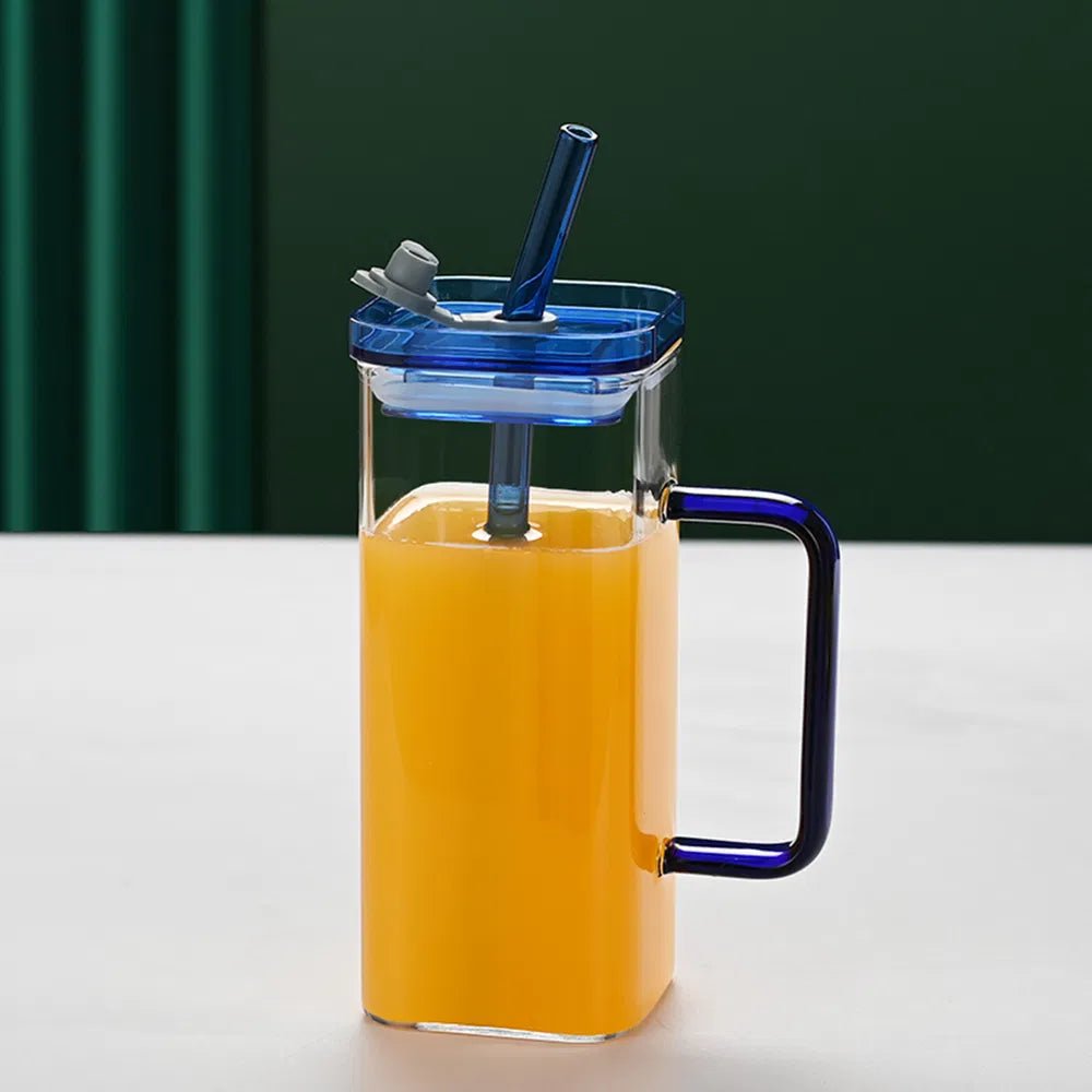 Blue Glass Straw Cup Set, Borosilicate Coffee Cup with Lid, Square Glass Cup for Home and Office - Davere Goodsblue