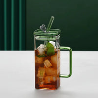 Green Glass Straw Cup Set, High Borosilicate Square Coffee Cup with Lid, 6 Colors, Gift for Office - Davere Goods