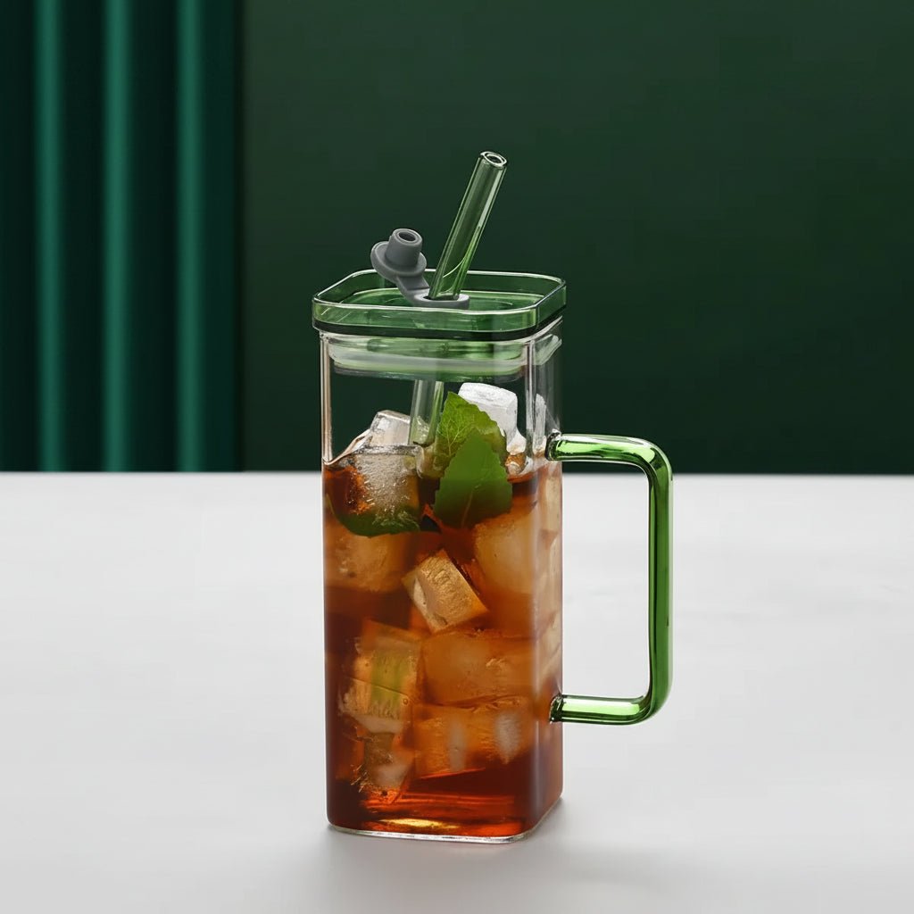 Green Glass Straw Cup Set, High Borosilicate Square Coffee Cup with Lid, 6 Colors, Gift for Office - Davere Goods