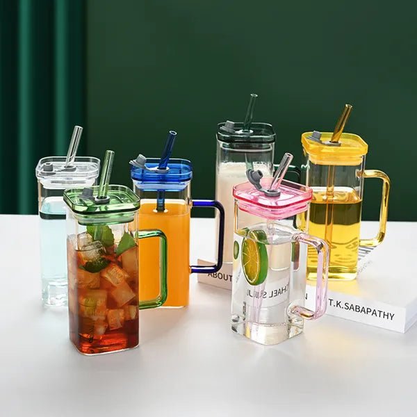 Geometric Pink Glass Tumbler Set, Square Borosilicate Drinkware with Lid & Straw, 6 Color Options - Davere Goods