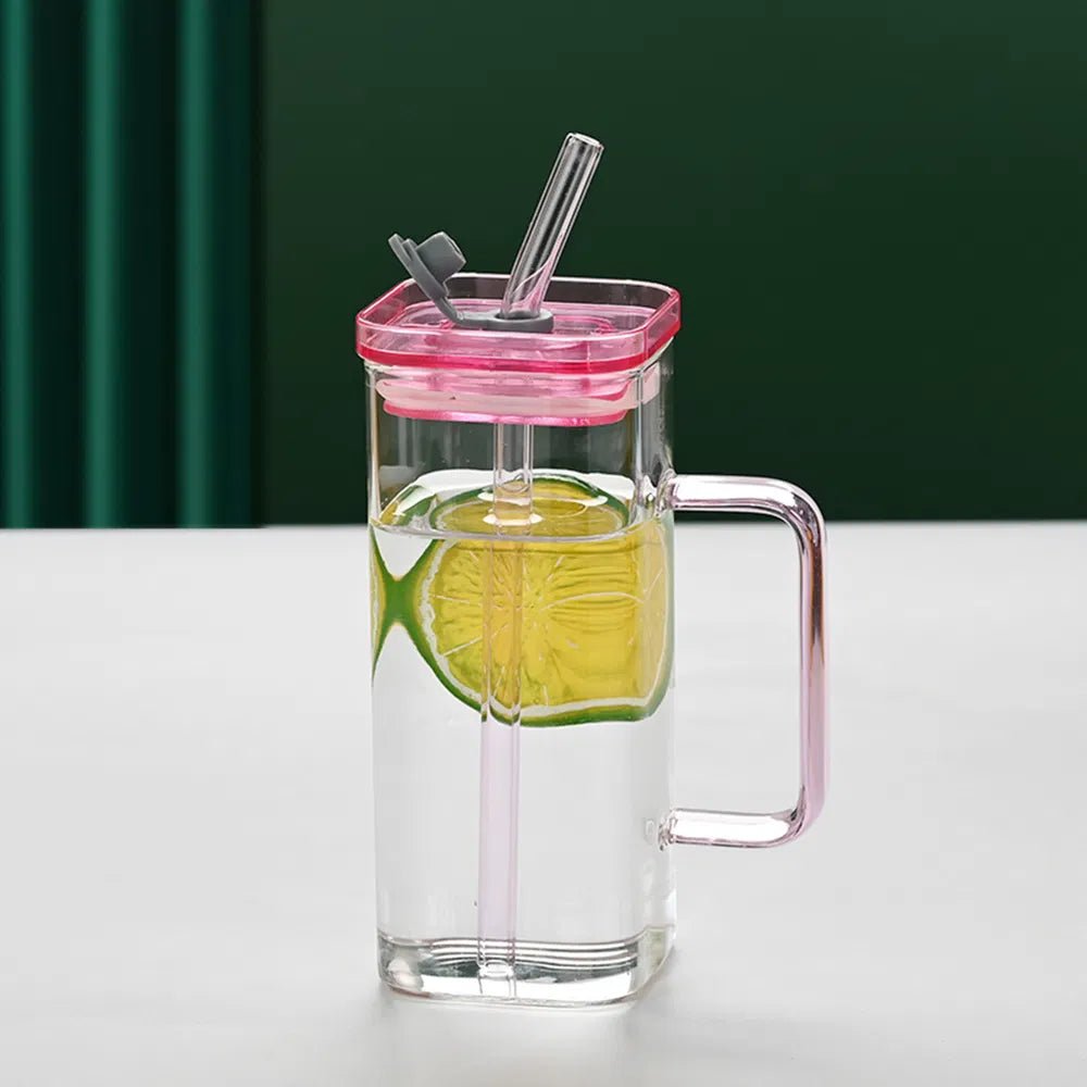Geometric Pink Glass Tumbler Set, Square Borosilicate Drinkware with Lid & Straw, 6 Color Options - Davere Goodspink