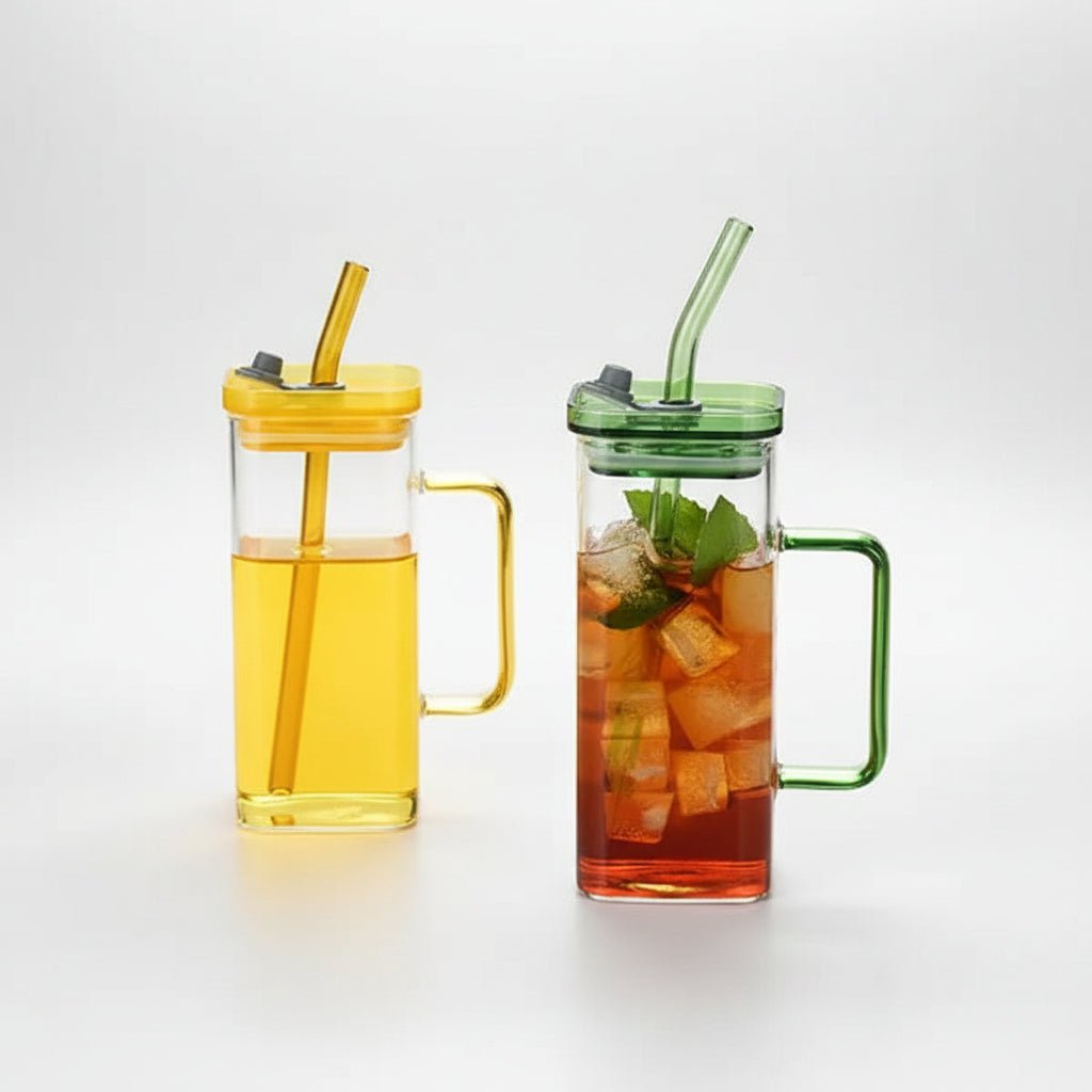 Geometric Pink Glass Tumbler Set, Square Borosilicate Drinkware with Lid & Straw, 6 Color Options - Davere Goods