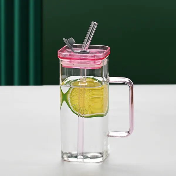 Geometric Pink Glass Tumbler Set, Square Borosilicate Drinkware with Lid & Straw, 6 Color Options - Davere Goods
