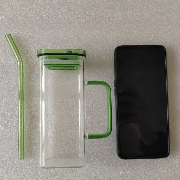 Geometric Pink Glass Tumbler Set, Square Borosilicate Drinkware with Lid & Straw, 6 Color Options - Davere Goods