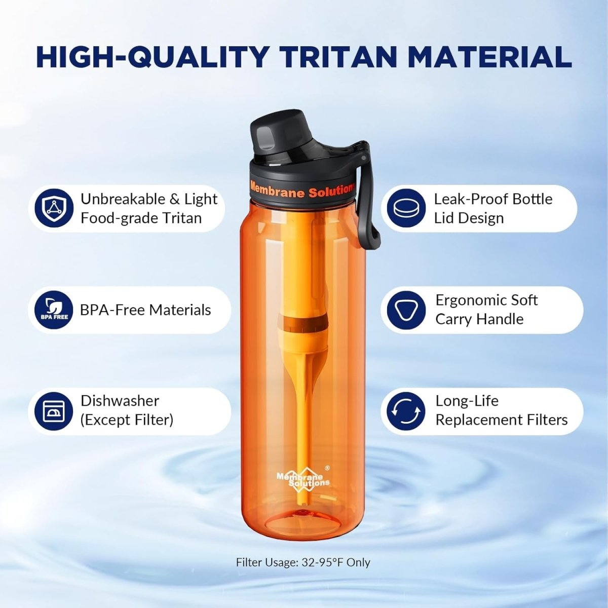 1060mL Water Filter Bottle, 4Stage F Daily Hydration Travel, Orange Translucent - Davere GoodsW14013565