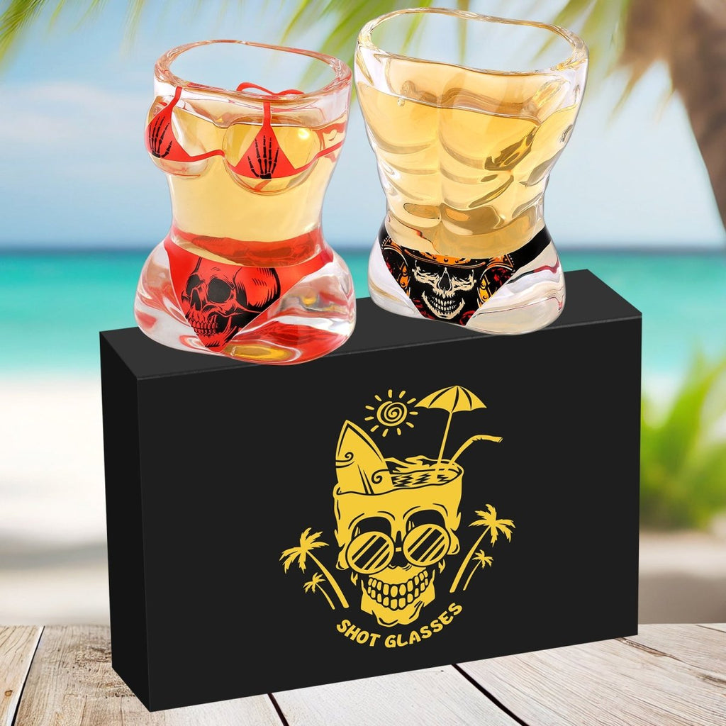 Black Muscle Men's & Red Skull Bikini Halloween Wine Glasses Set - Davere Goods