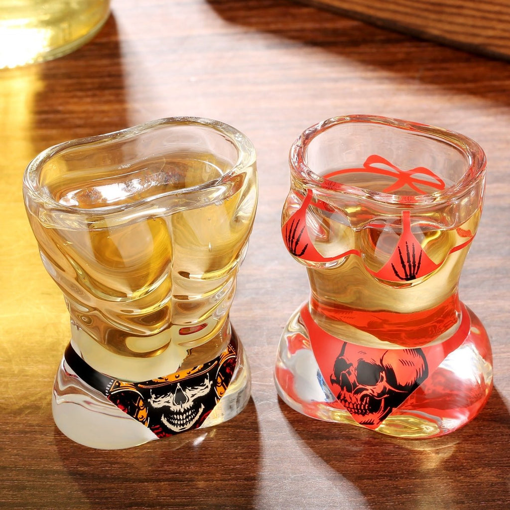 Black Muscle Men's & Red Skull Bikini Halloween Wine Glasses Set - Davere Goods