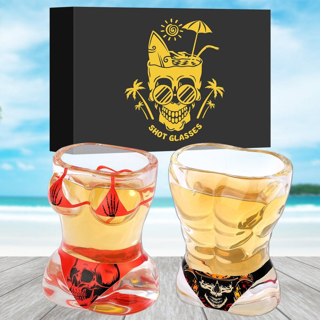 Black Muscle Men's & Red Skull Bikini Halloween Wine Glasses Set - Davere GoodsBlackRed