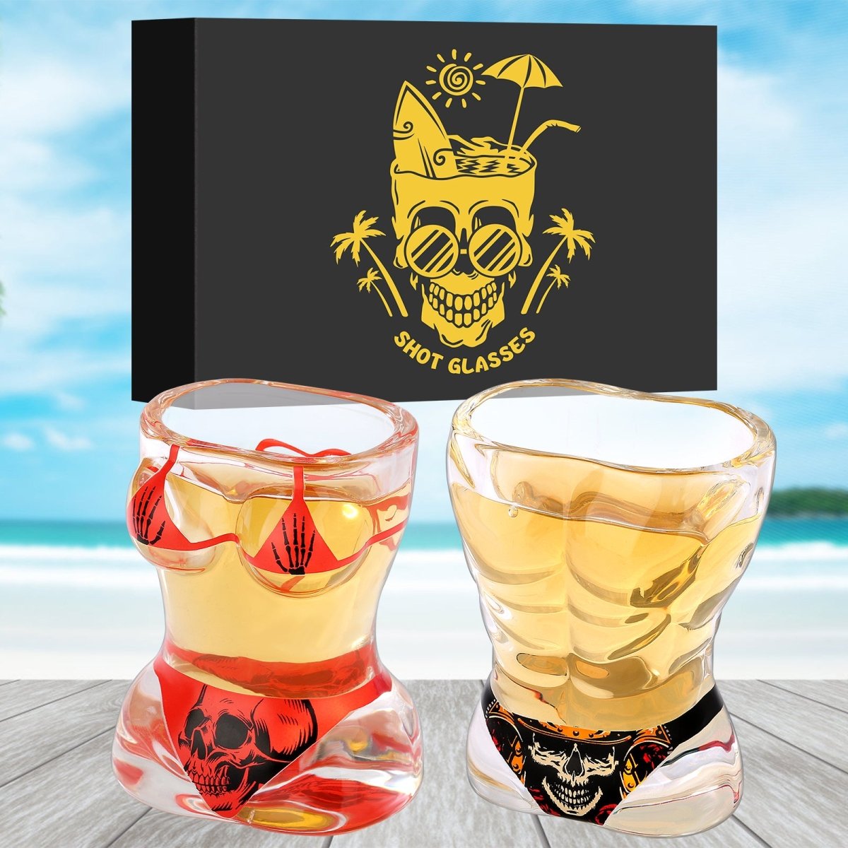 Black Muscle Men's & Red Skull Bikini Halloween Wine Glasses Set - Davere GoodsBlackRed