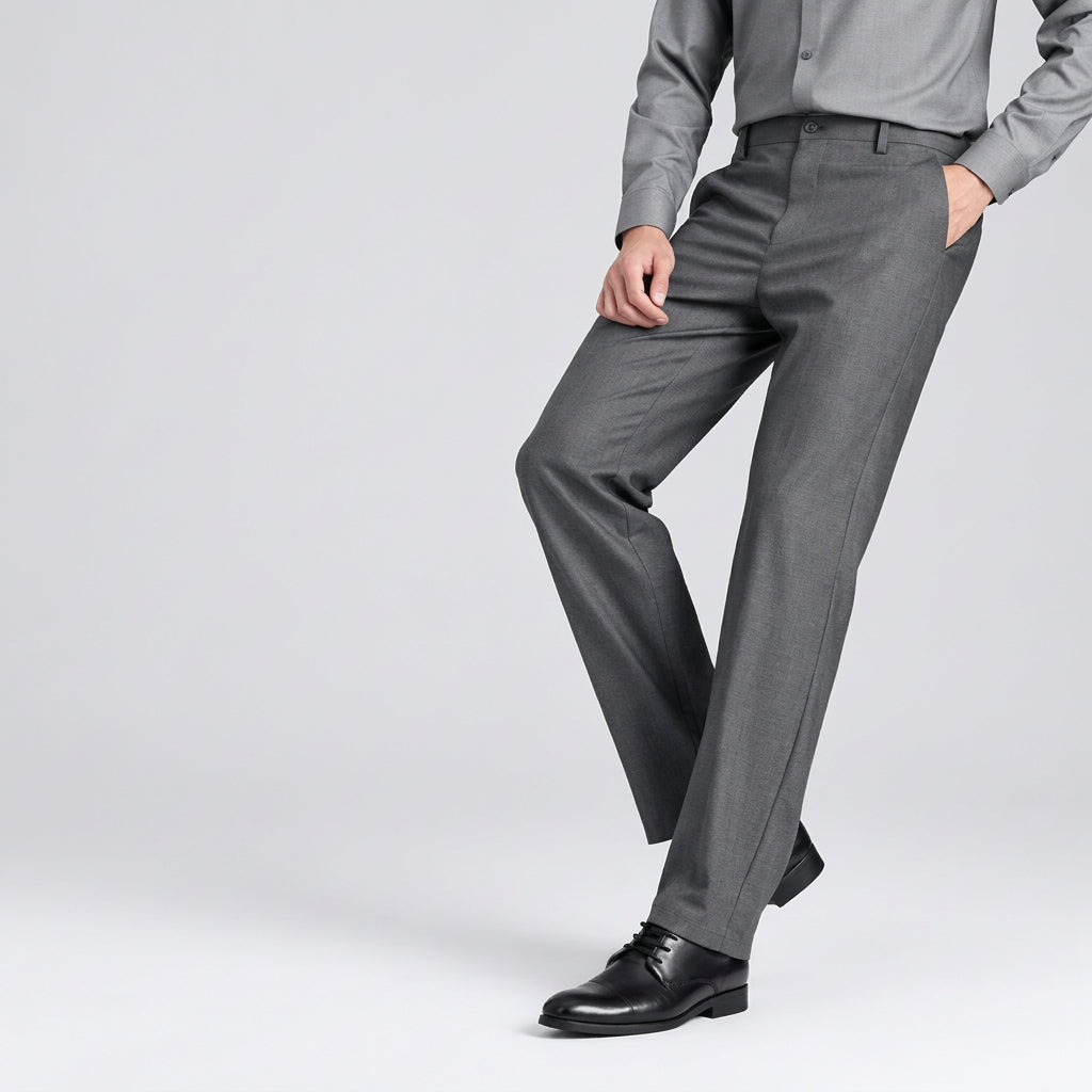Person wearing gray pants with text highlighting material blend and features on a light gray background