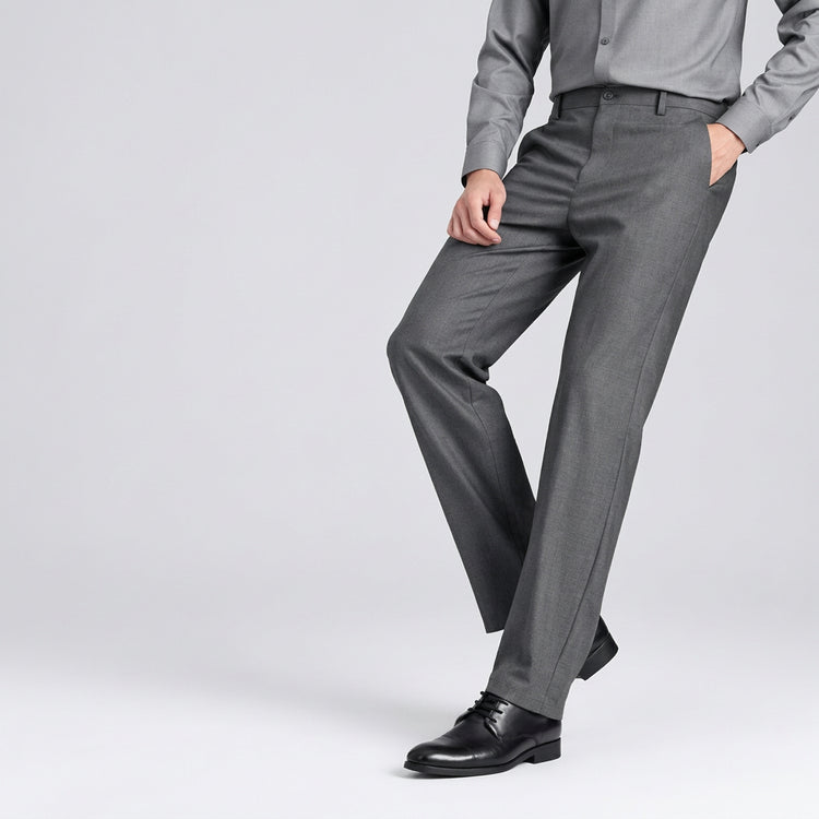 Person wearing gray pants with text highlighting material blend and features on a light gray background